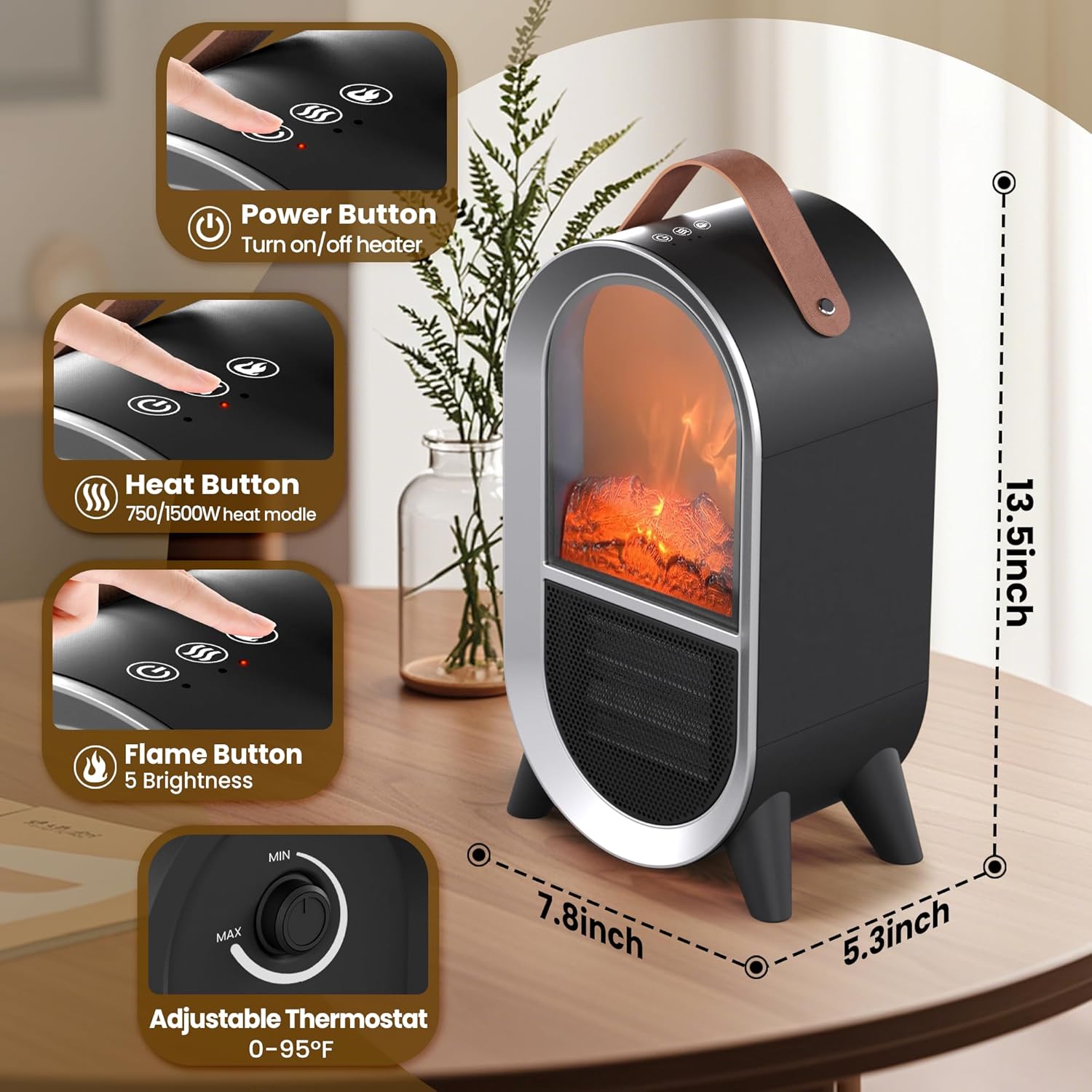 Riseon Portable Electric Fireplace Heater, 1500W/750W Mini Space Heater for Indoor Use with 3D Flame, Thermostat, Carry Handle, Overheat & Tipover Protection, for Home Office Bedroom Desk, Black