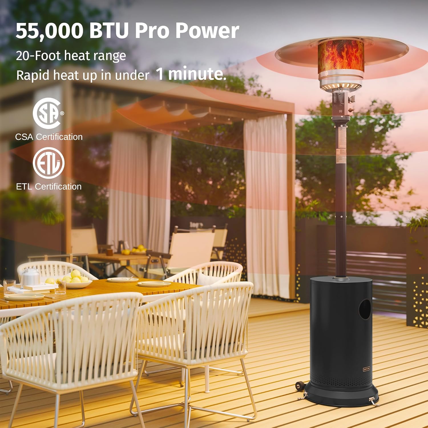 EAST OAK 50,000 BTU Patio Heater for Outdoor Use with Round Table Design, Double-Layer Stainless Steel Burner, Wheels, Triple Protection System, Outdoor Heater for Home and Residential, Black
