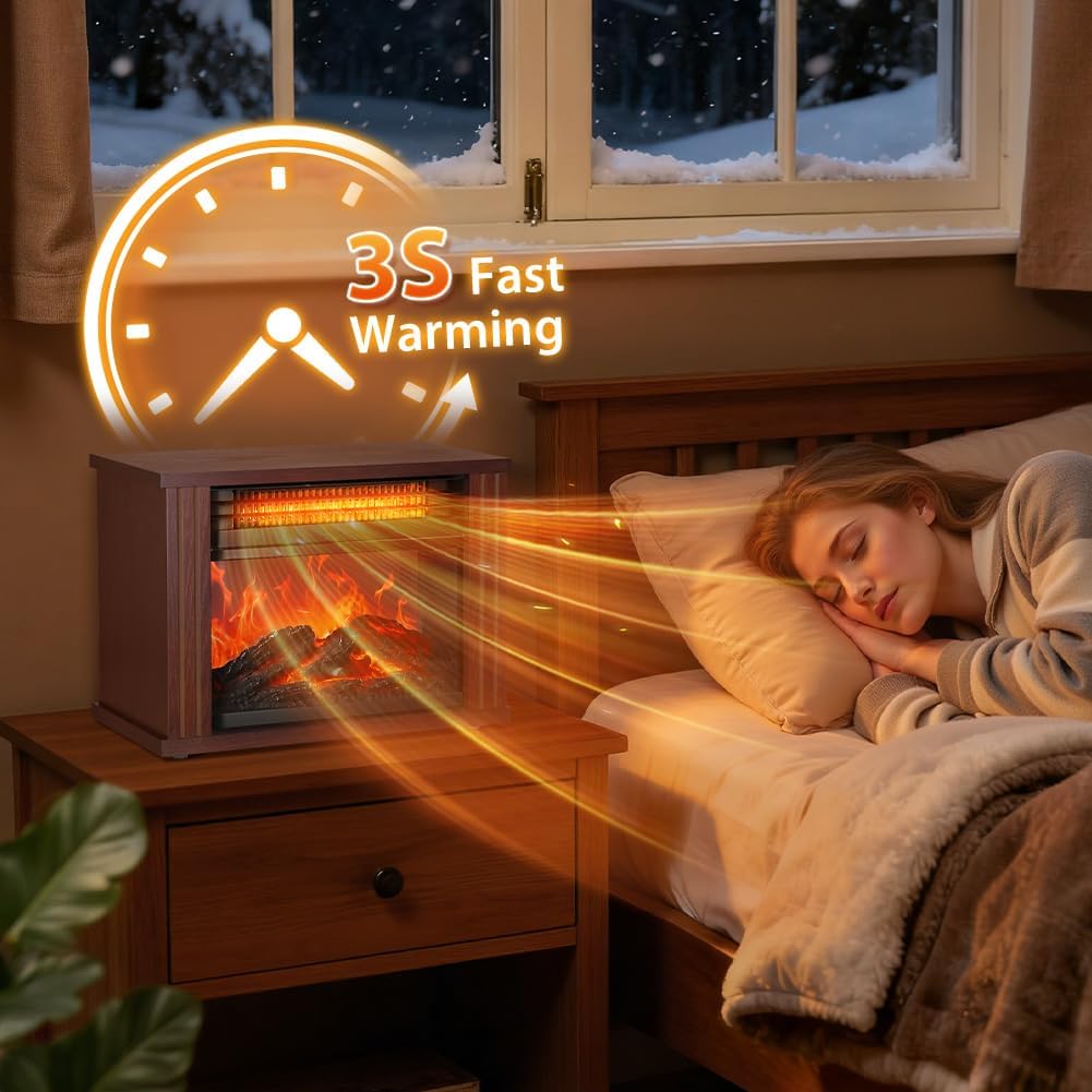 LifePlus Electric Fireplace Heater, Portable Wood Fireplace Stove with 3D Realistic Dancing Flame Effect, Tabletop Fireplace Space Heater Overheat Protection for Indoor Use Bedroom Office,1500W