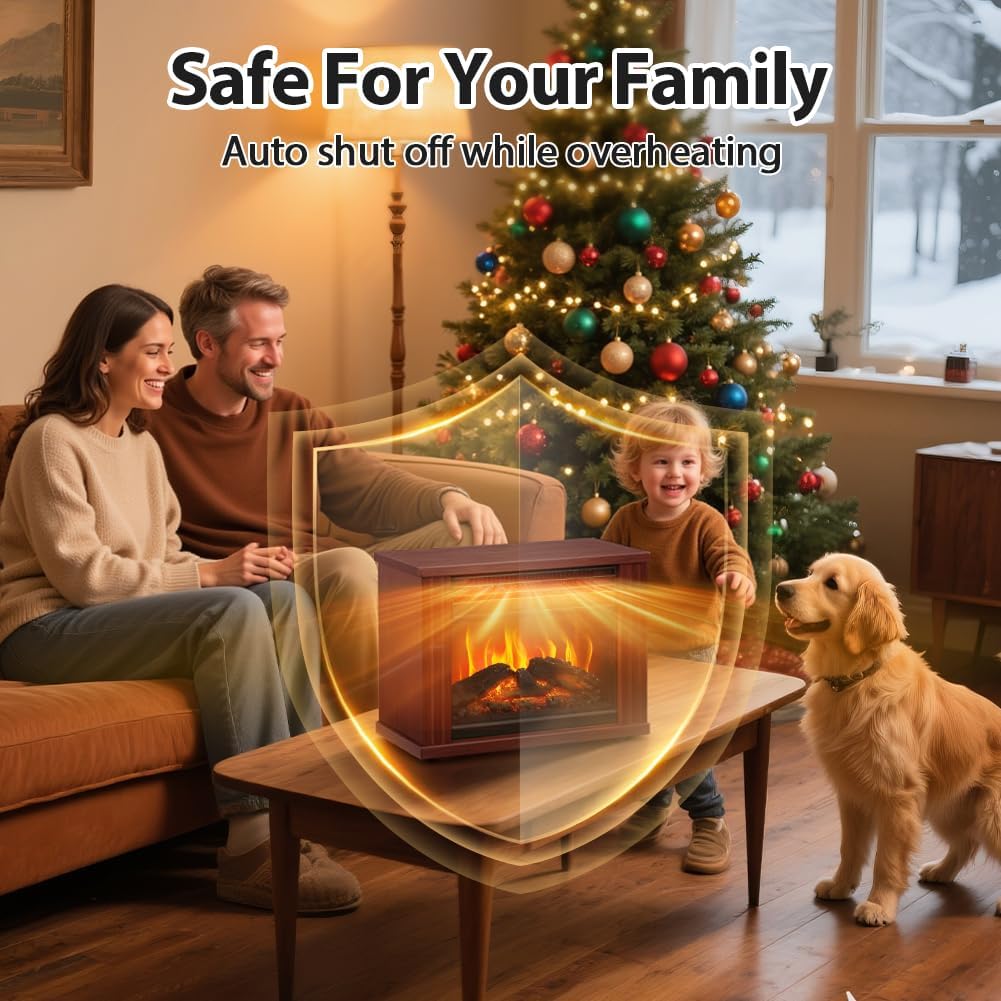 Small Electric Fireplace Heater, LifePlus Mini Wooden Space Tabletop Fireplace with 3D Realistic Flame Effect, Cool and Safe to Touch, Perfect for Study Bedroom Office, Overheating Protection, 1500W