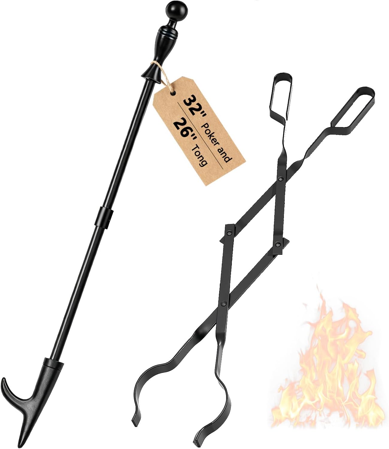 AMAGABELI GARDEN & HOME 26 Long Firewood Tongs Log Grabber for Fireplace Fire Pit Campfire Bonfire for up 12'' Thick Logs Heavy Duty Wrought Iron Outside Outdoor Indoor Wood Stove Fire Place Tools