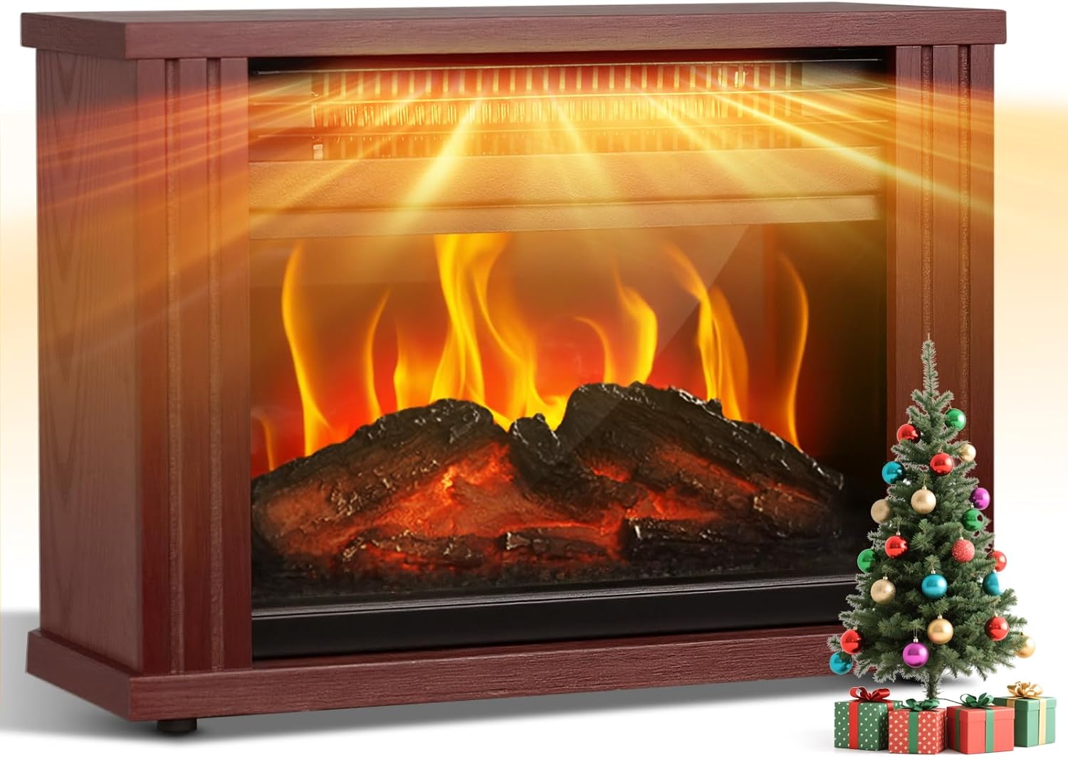 Small Electric Fireplace Heater, LifePlus Mini Wooden Space Tabletop Fireplace with 3D Realistic Flame Effect, Cool and Safe to Touch, Perfect for Study Bedroom Office, Overheating Protection, 1500W