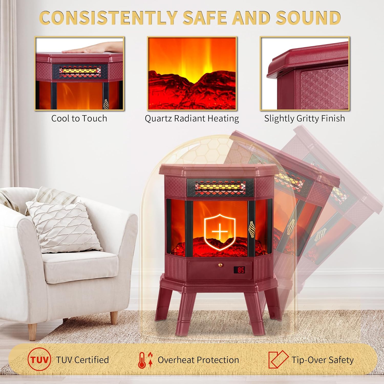 Electric Fireplace Heater 22 in Freestanding Fireplace Stove Infrared Fireplace RealSmart with 3D Flame Effect Remote Control, Timer, Overheating Protection Heater for Indoor Use Black