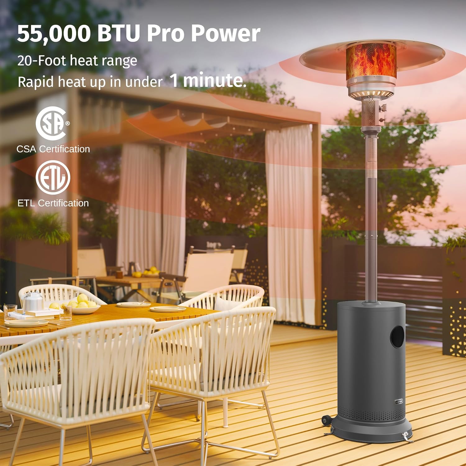 EAST OAK 50,000 BTU Patio Heater for Outdoor Use with Round Table Design, Double-Layer Stainless Steel Burner, Wheels, Triple Protection System, Outdoor Heater for Home and Residential, Black