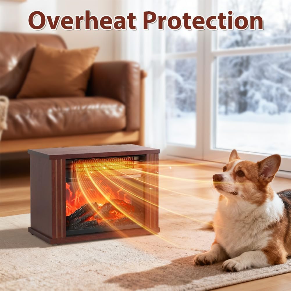 LifePlus Electric Fireplace Heater, Portable Wood Fireplace Stove with 3D Realistic Dancing Flame Effect, Tabletop Fireplace Space Heater Overheat Protection for Indoor Use Bedroom Office,1500W