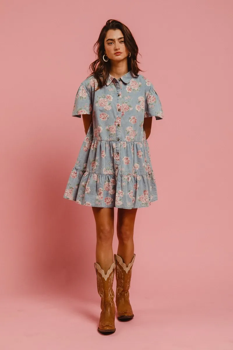 BiBi Floral Print Washed Lightweight Tiered Shirt Dress