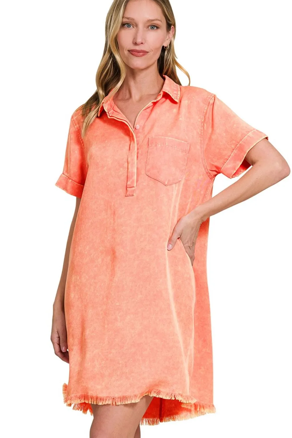 Zenana Tencel Mineral Washed Collared Shirts Dress