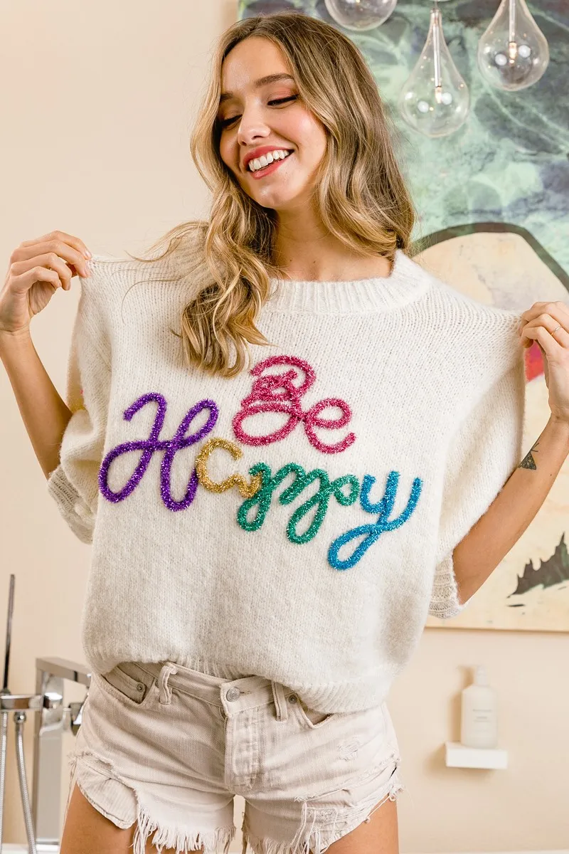 BiBi Metallic Letter Short Puff Sleeve Hairy Sweater