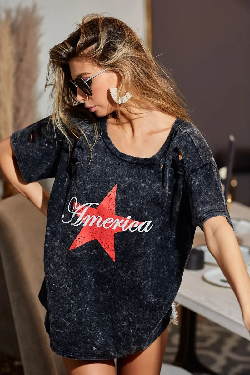 BiBi Laser Cut Mineral Washed Jersey Top with  America