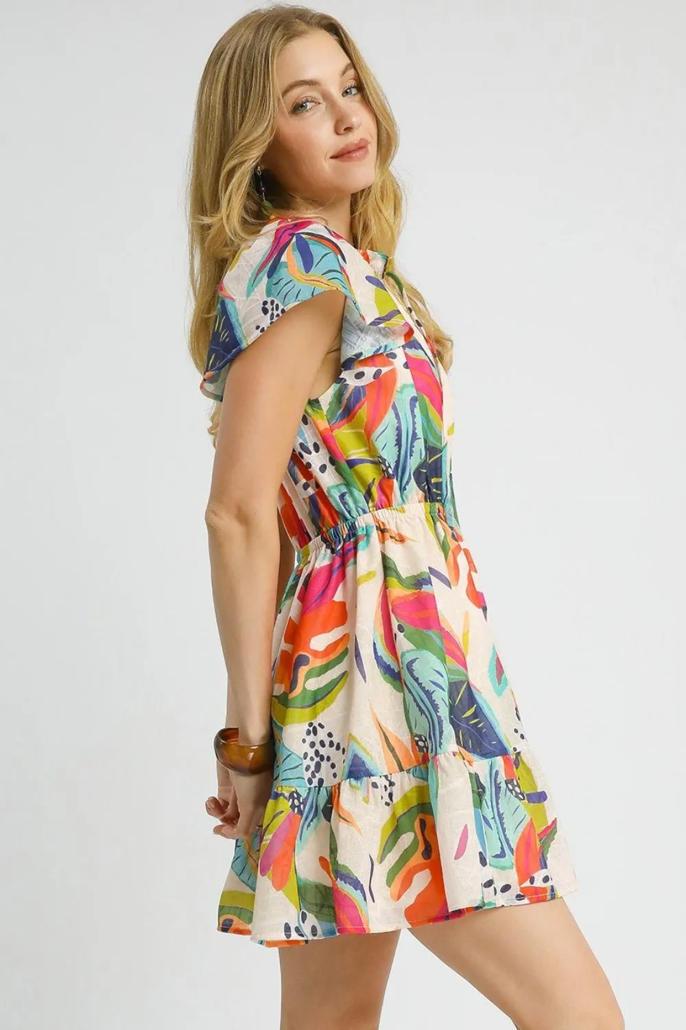 Umgee Printed Tie Neck Ruffled Hem Dress