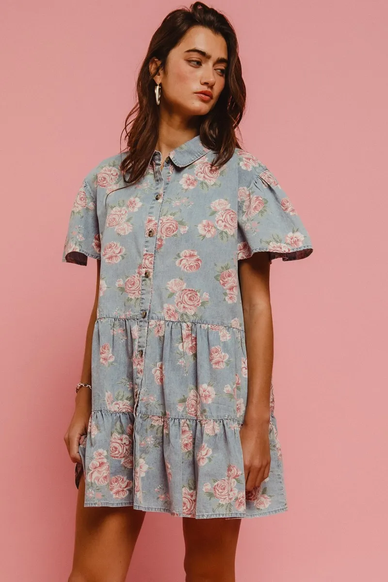 BiBi Floral Print Washed Lightweight Tiered Shirt Dress