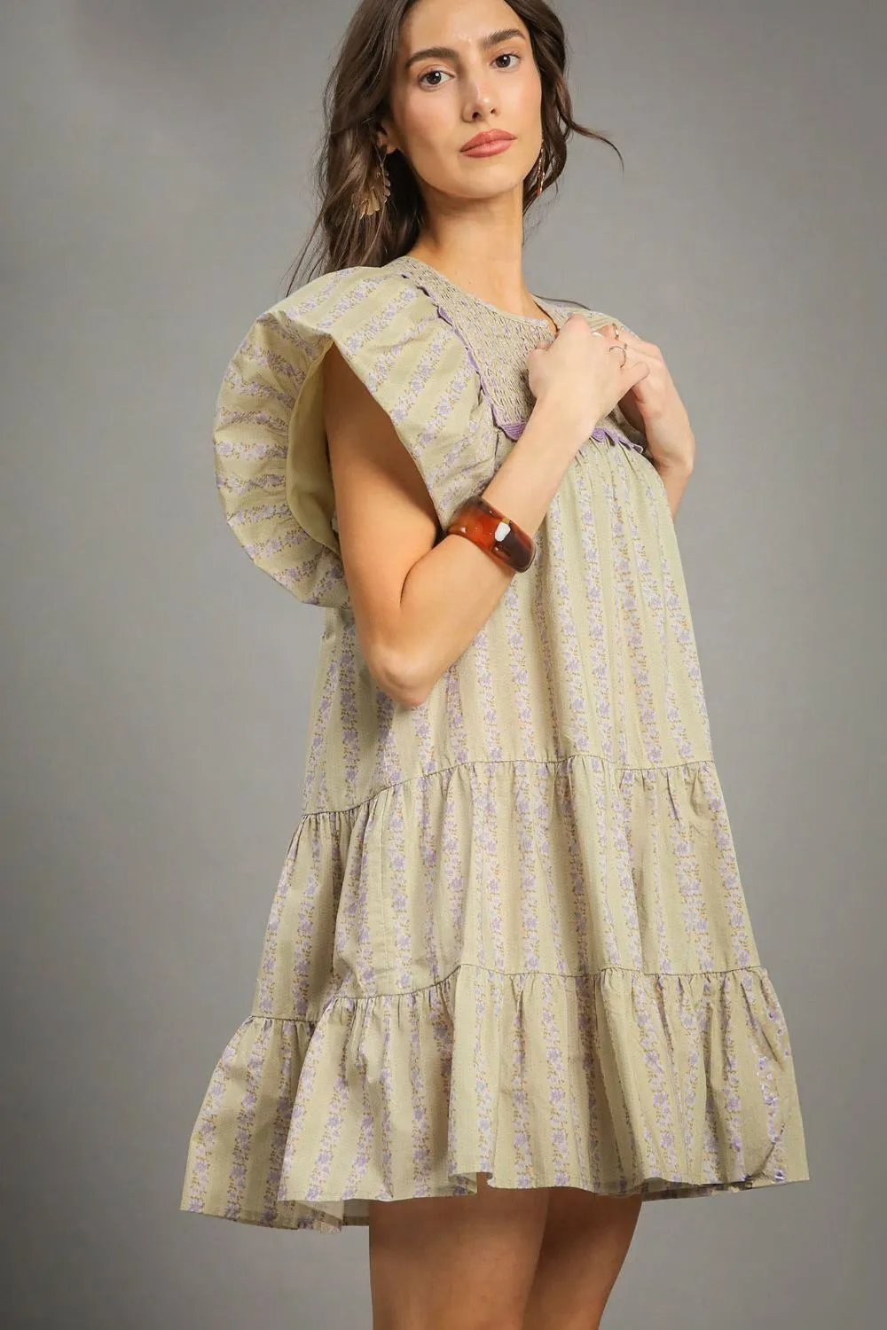 Umgee Floral Ruffled Cap Sleeve Tiered Mini Dress