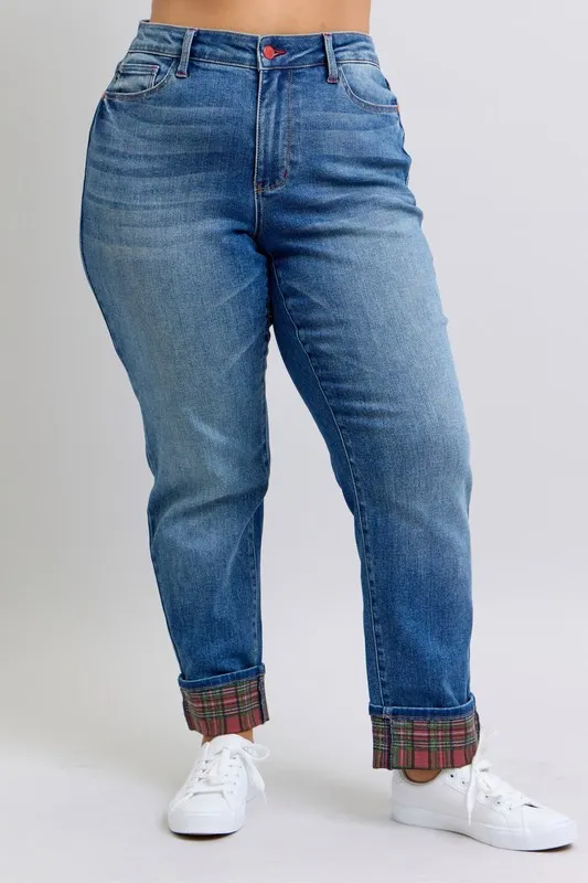 Judy Blue Full Size Mr Plaid Print Cuff Bf Jeans Plus Size