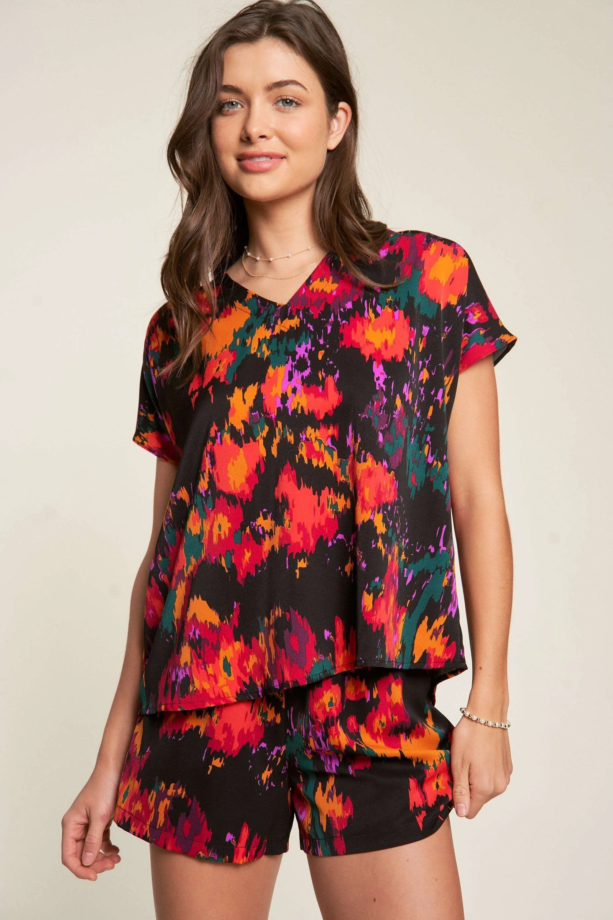 Davi & Dani Printed V Neck Short Sleeve Top and Shorts Set