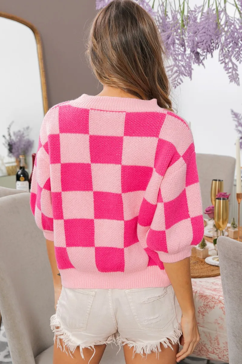 BiBi Check Pattern Short Puff Sleeve Sweater Top