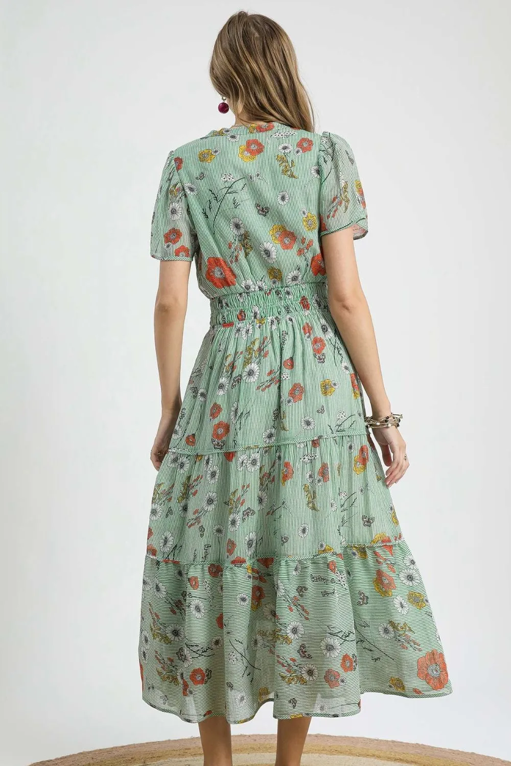 Umgee Smocked Waist Floral Short Sleeve Midi Dress