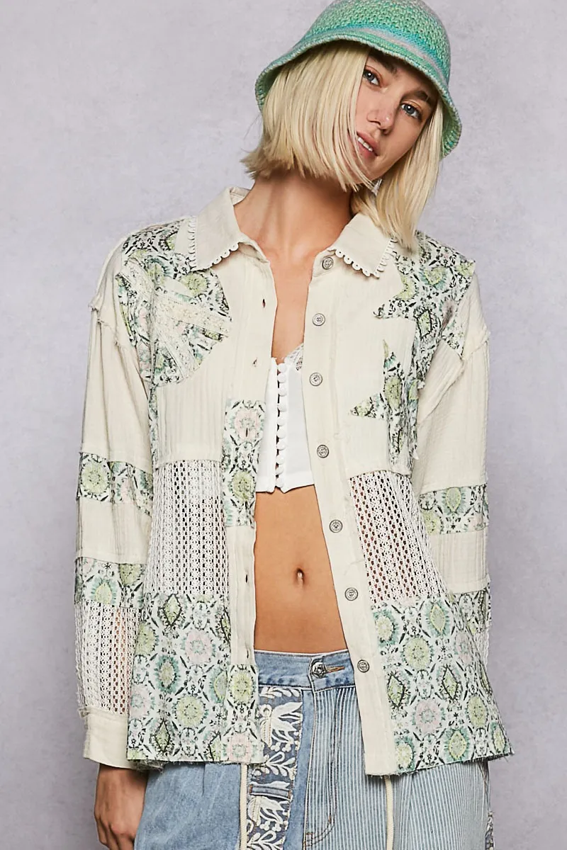 POL Printed Crochet Patchwork Button-Up Shirt