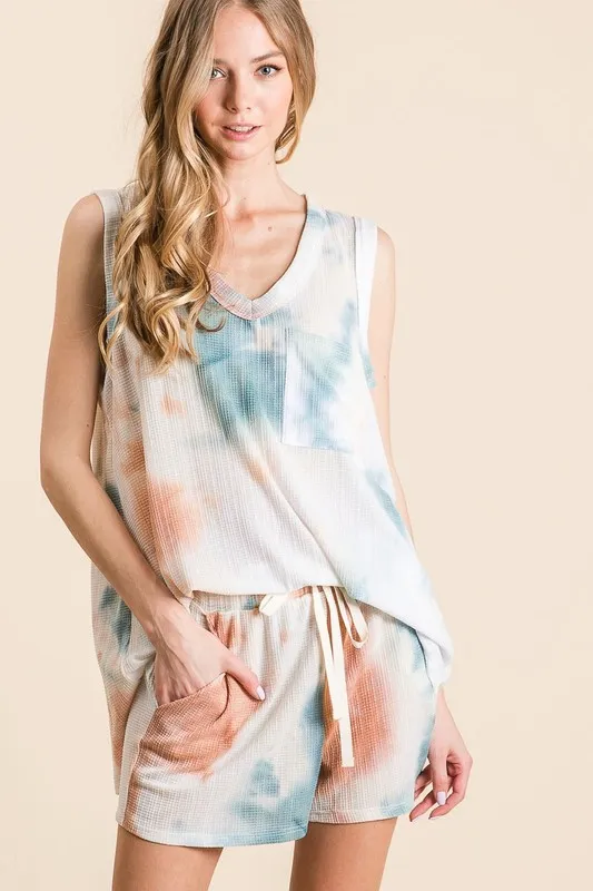 BiBi Tie Dye Textured Knit Top and Shorts Set