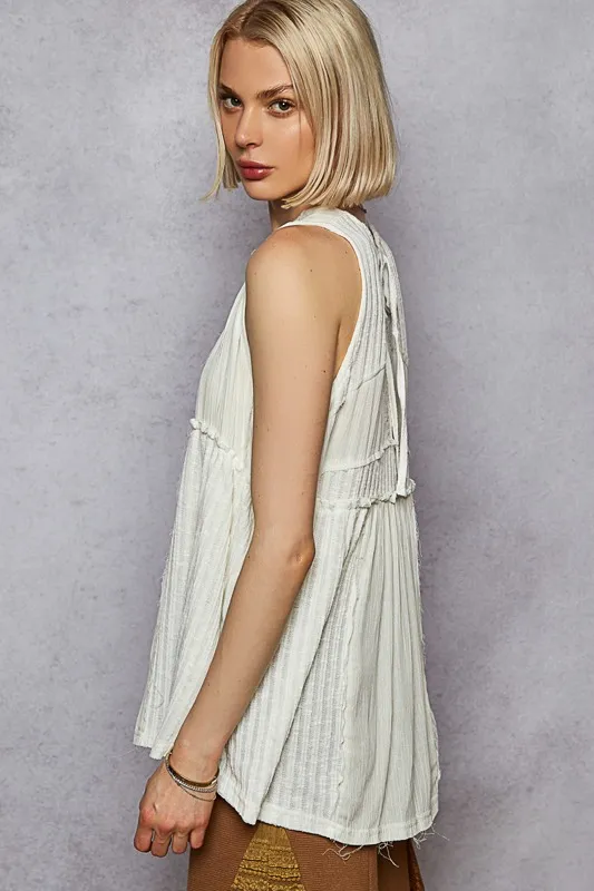 POL Lace Trim Round Neck Tank with Pintuck Detail