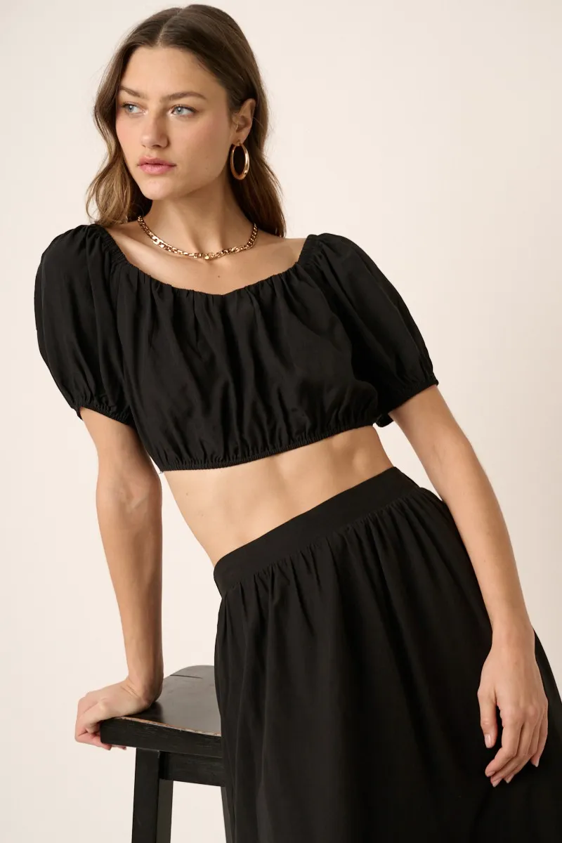 Mittoshop Cropped Puff Sleeve Blouse and Midi Skirt Set