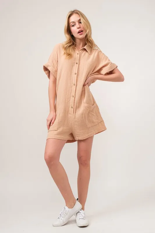 And The Why Washed Gauze Roll-up Sleeve Comfort Utility Romper