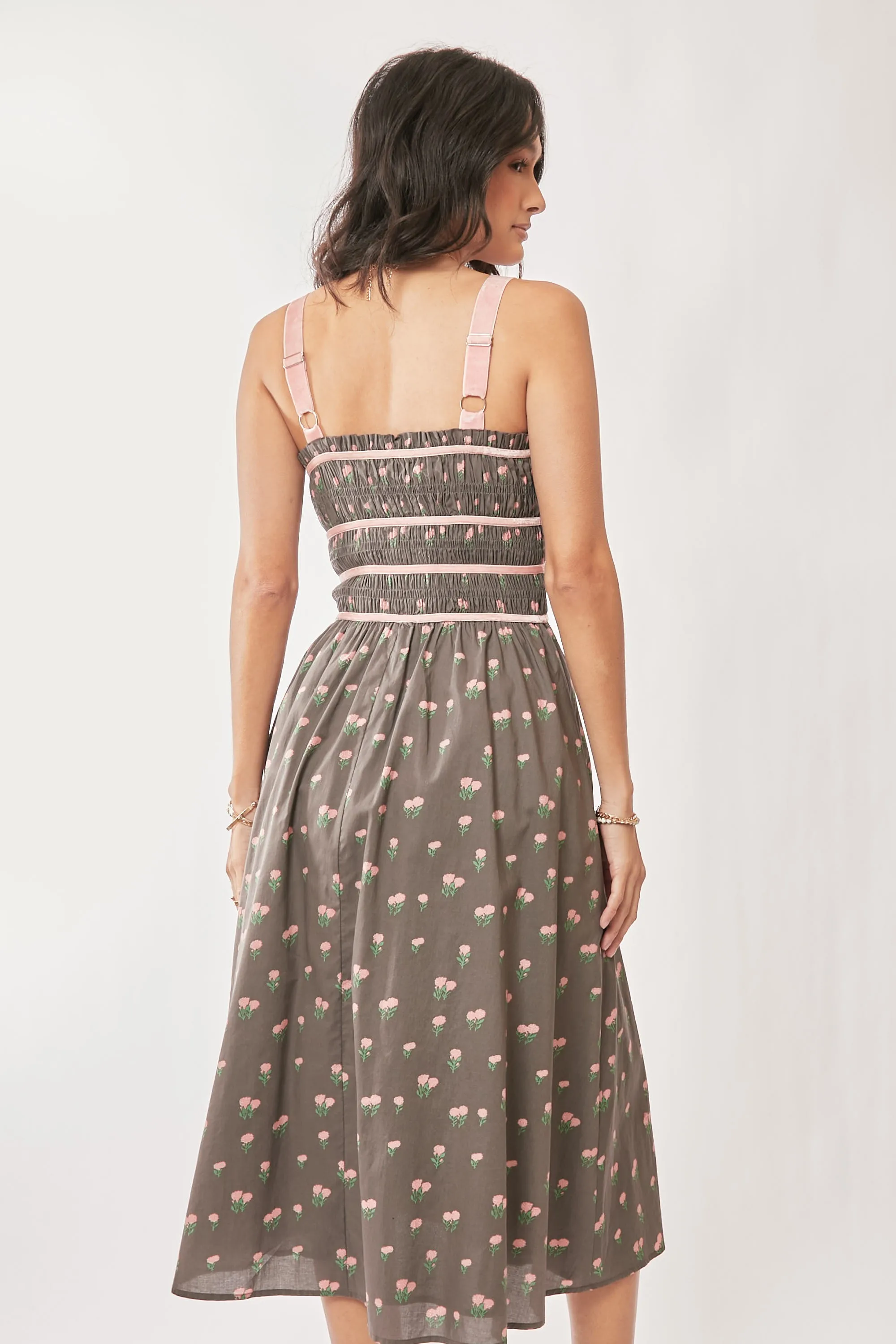 Davi & Dani Contrast Velvet Tape Smocking Bodice Midi Dress