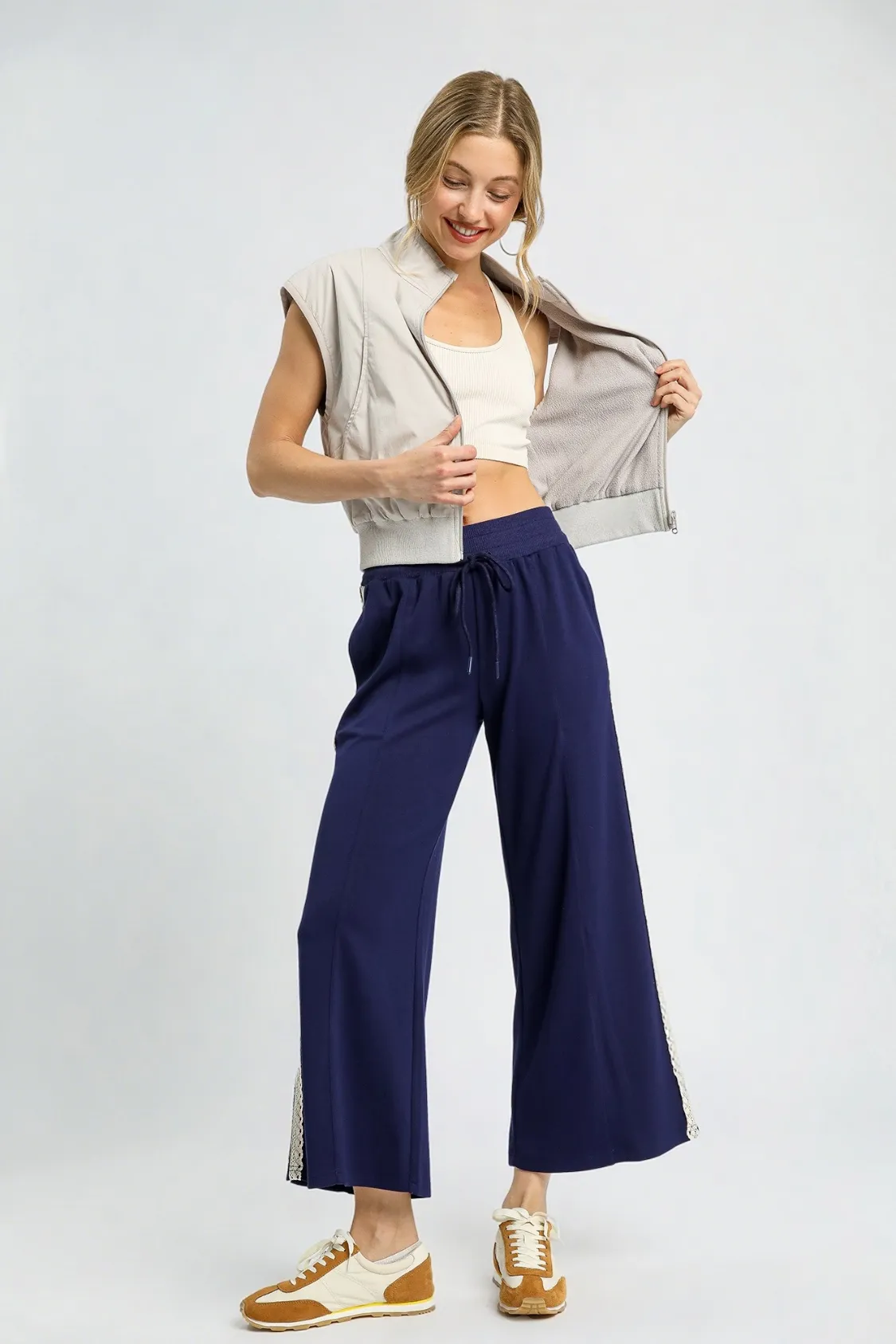 Umgee Wide-Leg Pants with Lace Trim