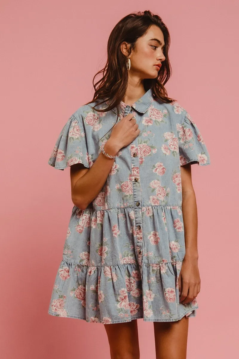 BiBi Floral Print Washed Lightweight Tiered Shirt Dress