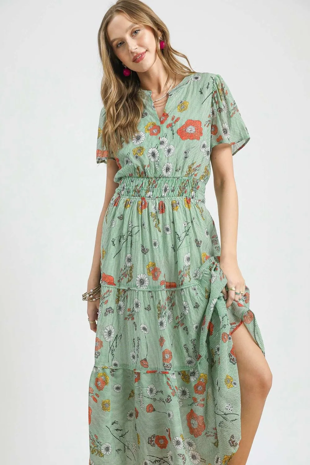 Umgee Smocked Waist Floral Short Sleeve Midi Dress