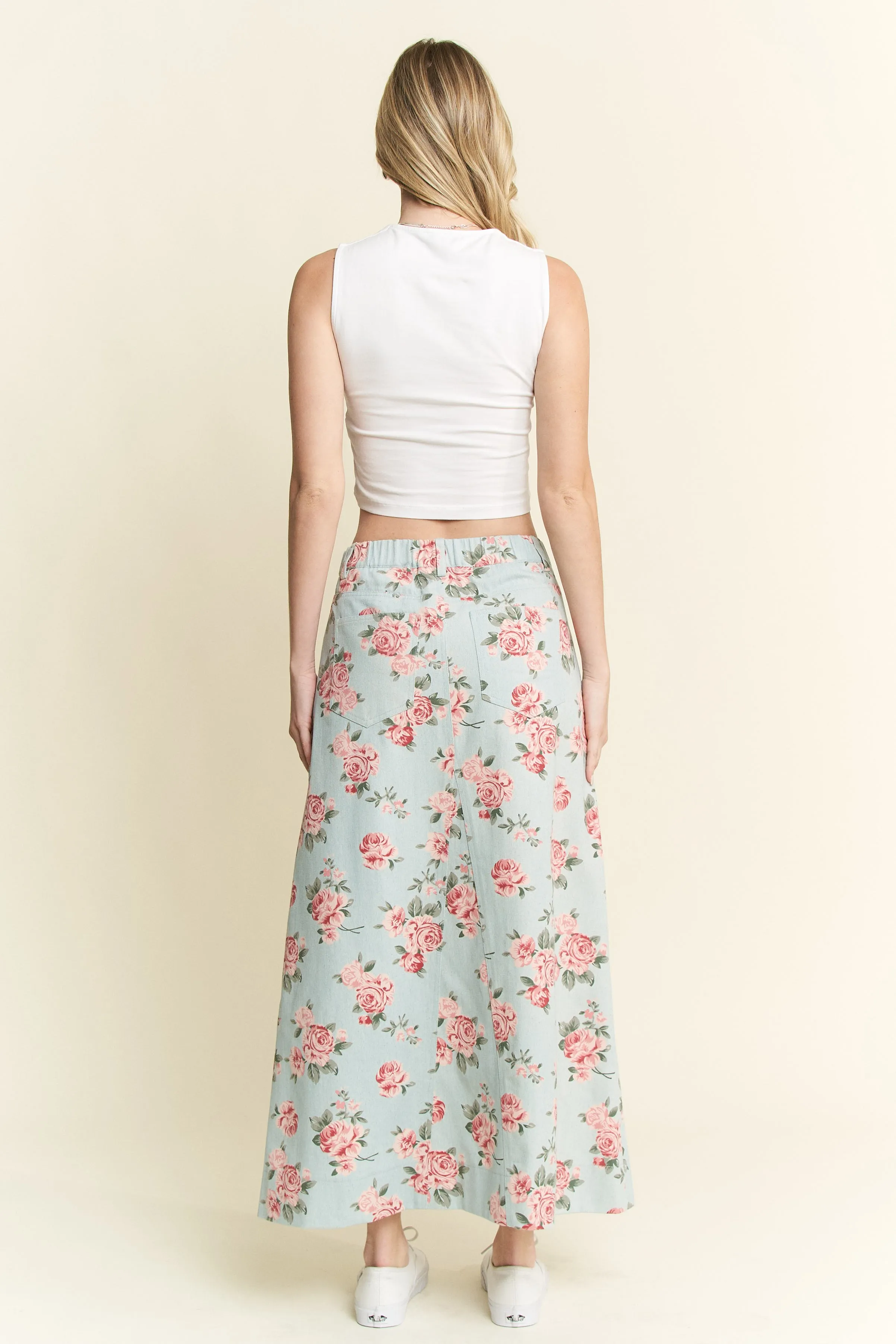 Jade By Jane Full Size Floral Print Front Slit Denim Maxi Skirt Plus Size