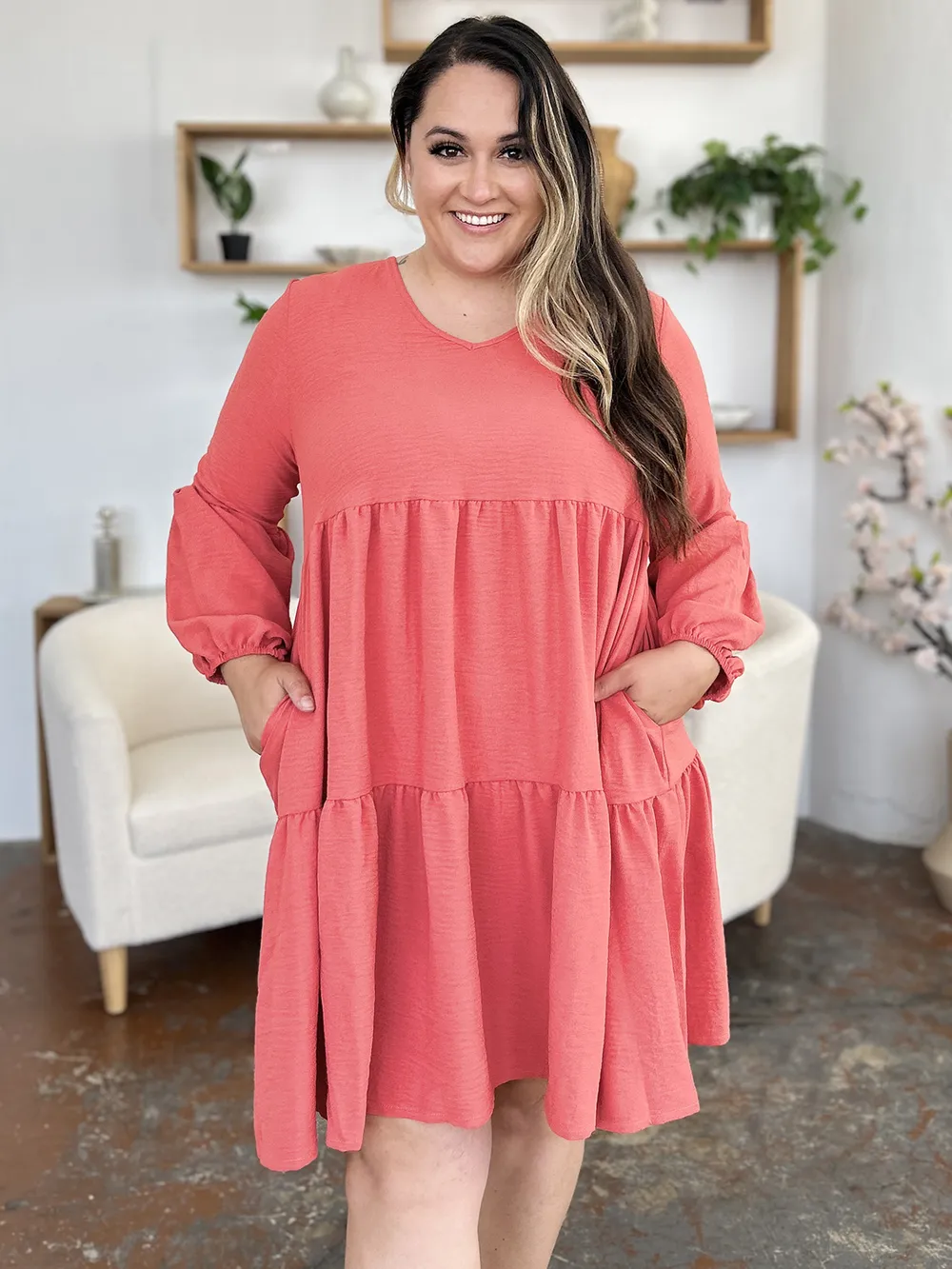 Double Take Full Size V-Neck Balloon Sleeve Tiered Dress with Pockets