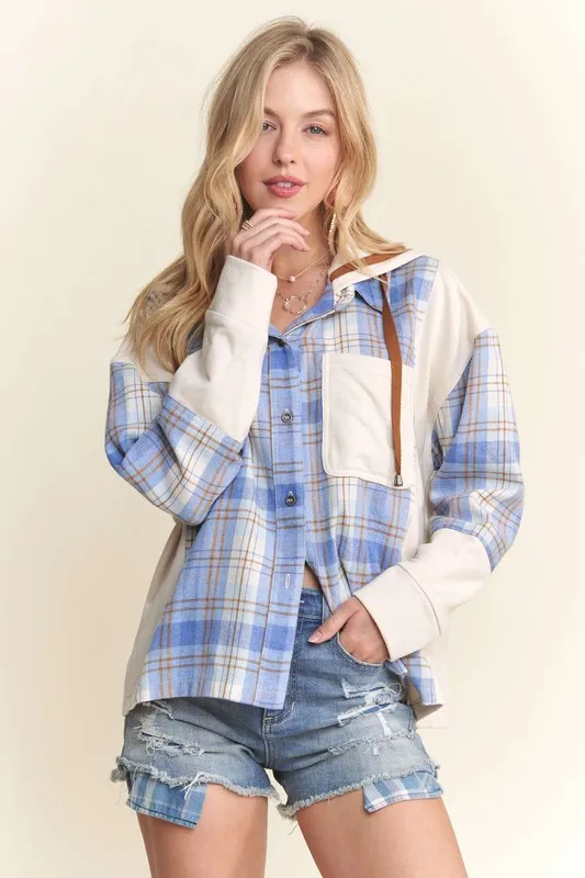 ADORA Button Down Plaid Hoodie Shacket