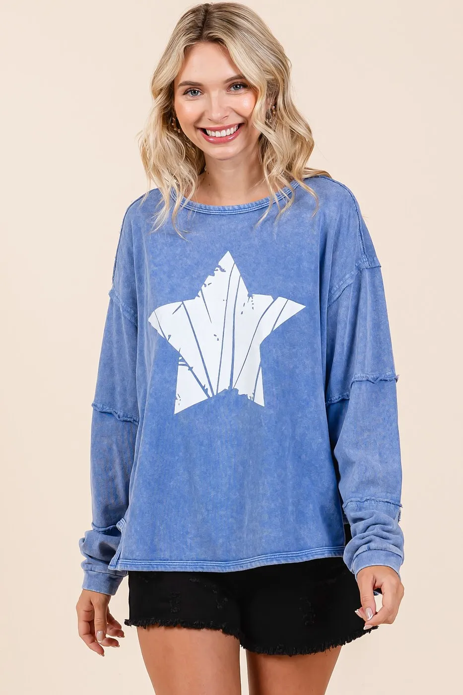 Mittoshop Star Graphic Mineral Wash Long Sleeve Top