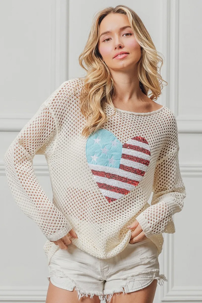 BiBi Sequin American Flag Heart Knit Up