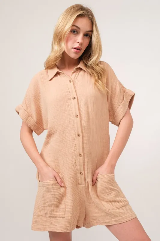 And The Why Washed Gauze Roll-up Sleeve Comfort Utility Romper