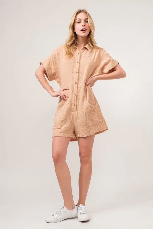And The Why Washed Gauze Roll-up Sleeve Comfort Utility Romper