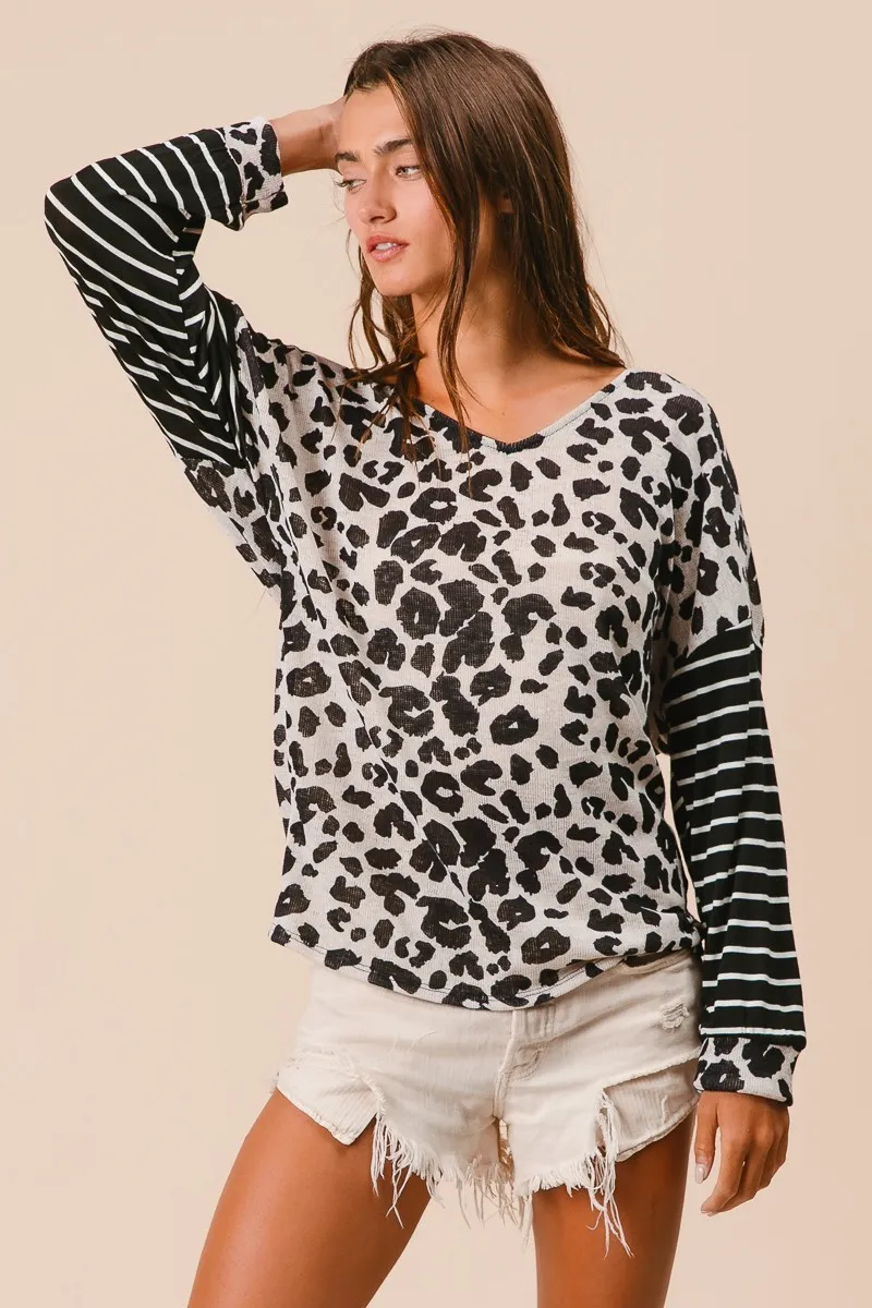 BiBi Leopard Hacci Knit Twist Back Top With Stripe Sleeve