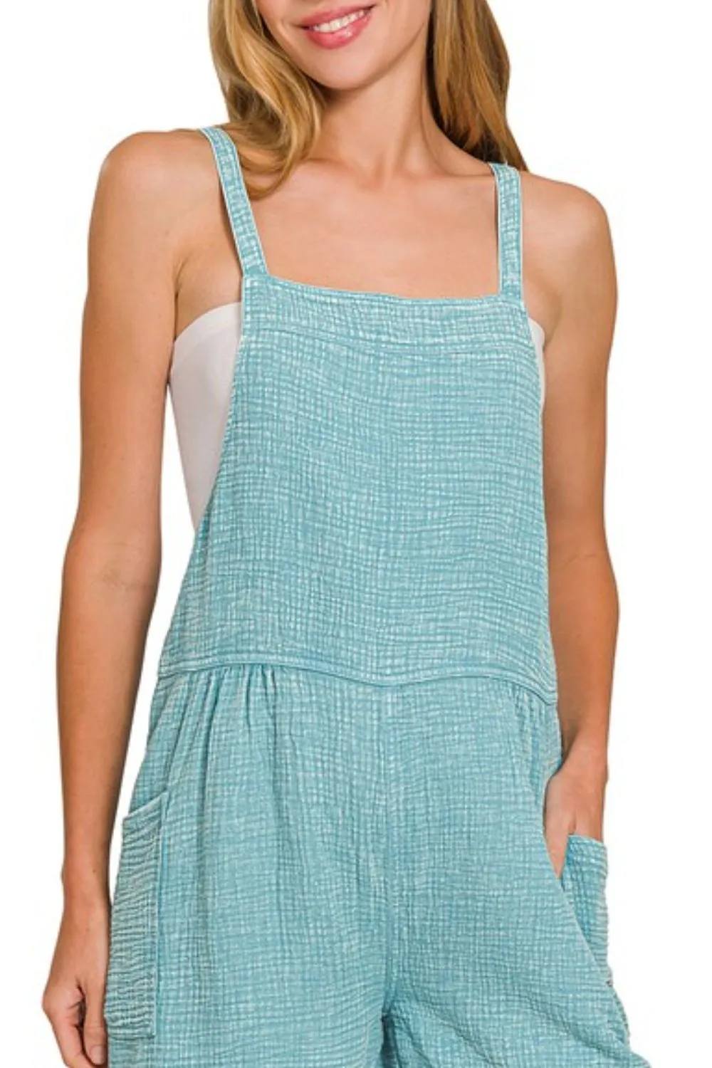 Zenana Washed Double Gauze Tie Back Rompers