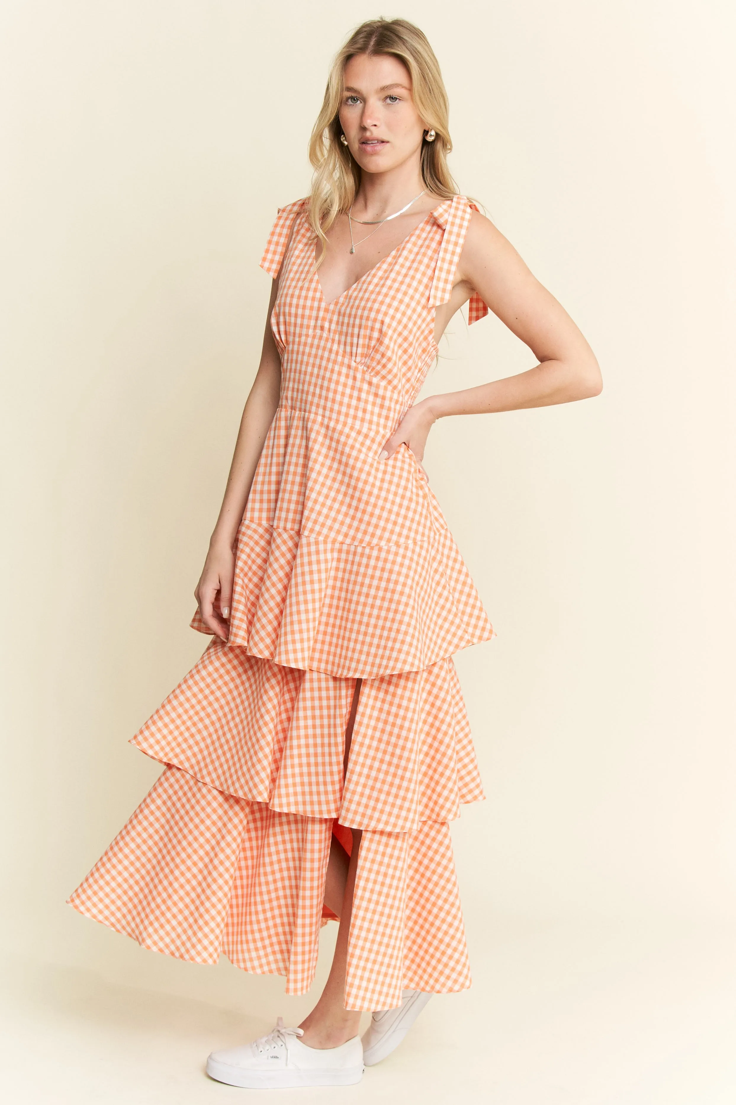 Jade By Jane Sleeveless Gingham Print Tiered Midi Dress