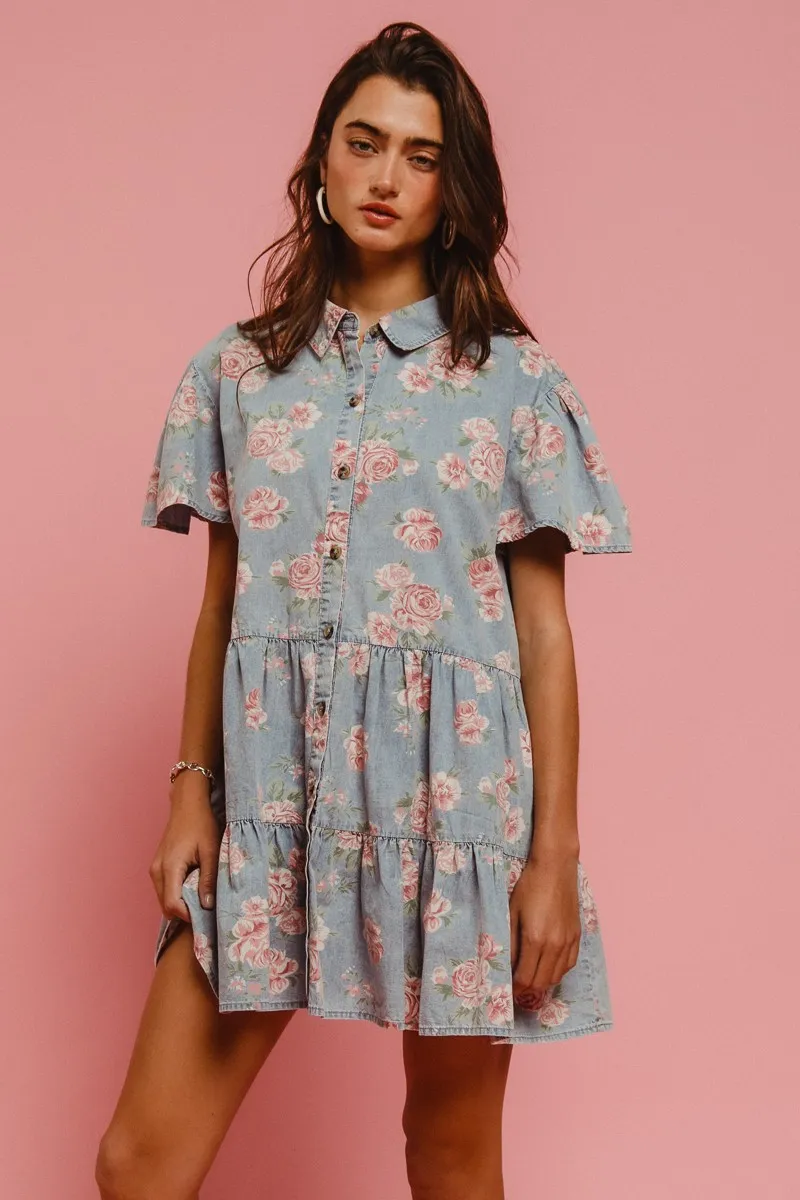 BiBi Floral Print Washed Lightweight Tiered Shirt Dress