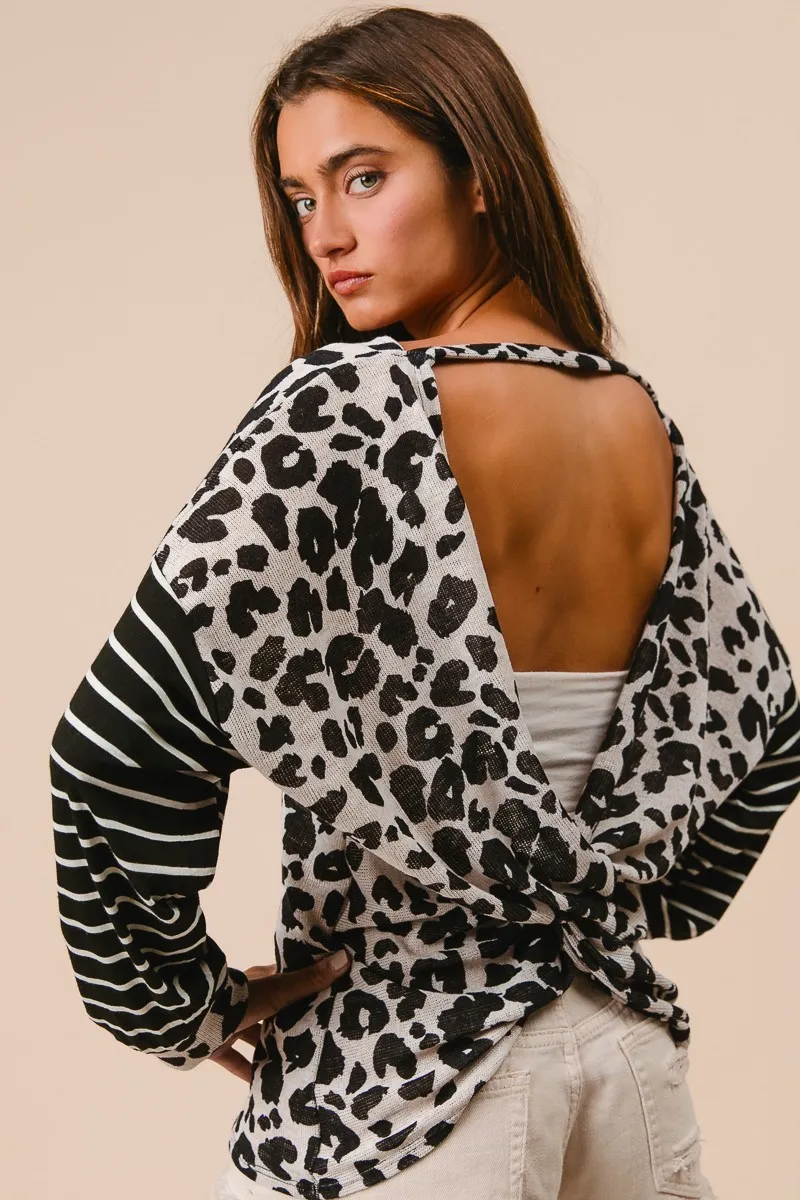 BiBi Leopard Hacci Knit Twist Back Top With Stripe Sleeve