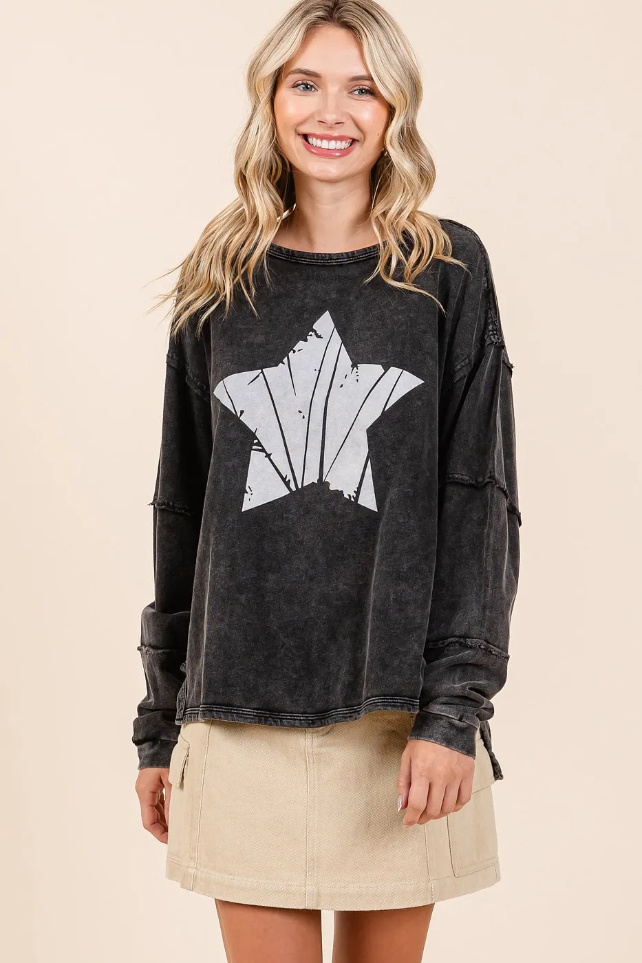 Mittoshop Star Graphic Mineral Wash Long Sleeve Top