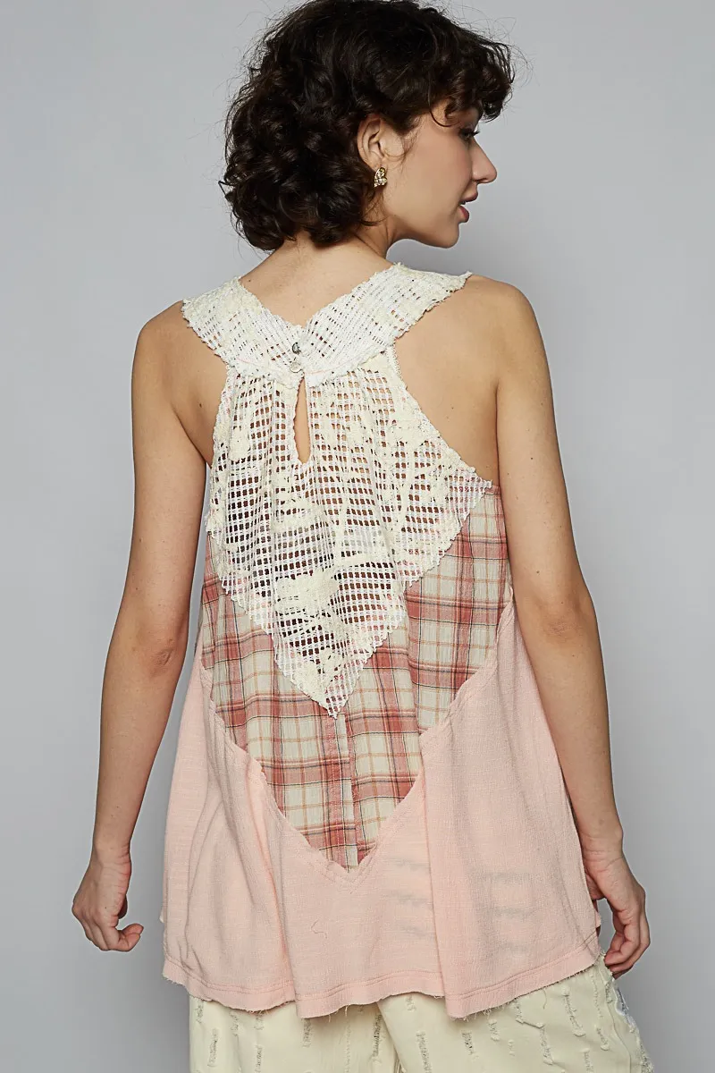 POL Crochet Lace Plaid Panel Detail Tank