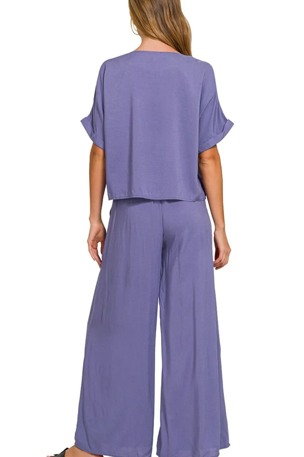 Zenana Round Neck T-Shirt and Wide Leg Pants Set