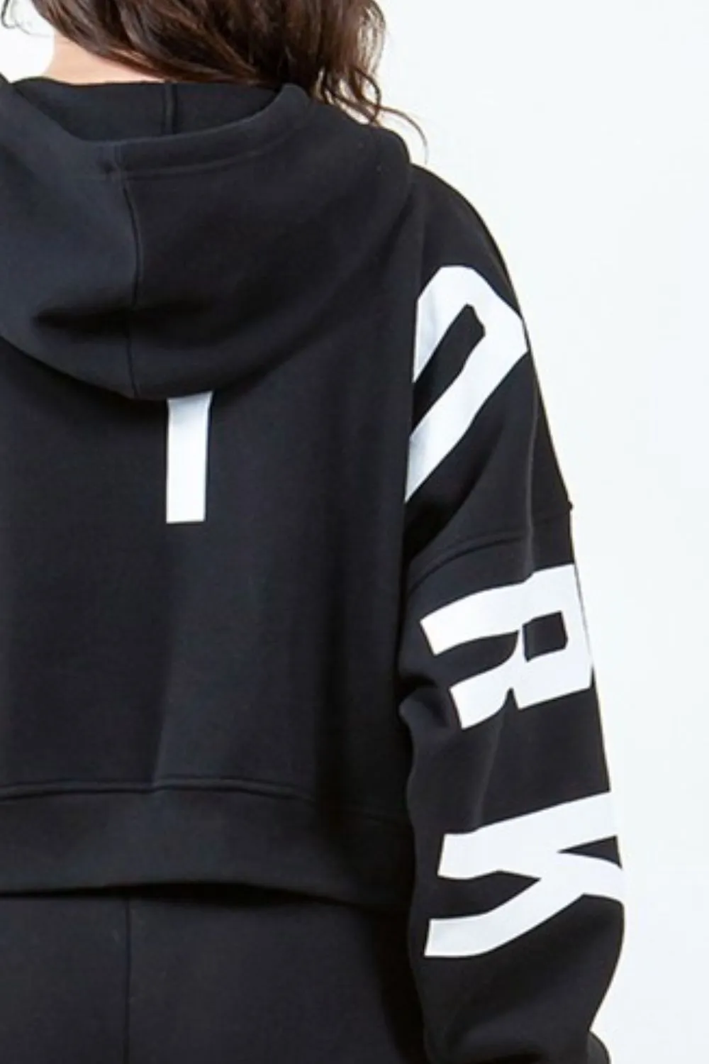 American Bazi Letter Graphic Long Sleeve Drawstring Cropped Hoodie
