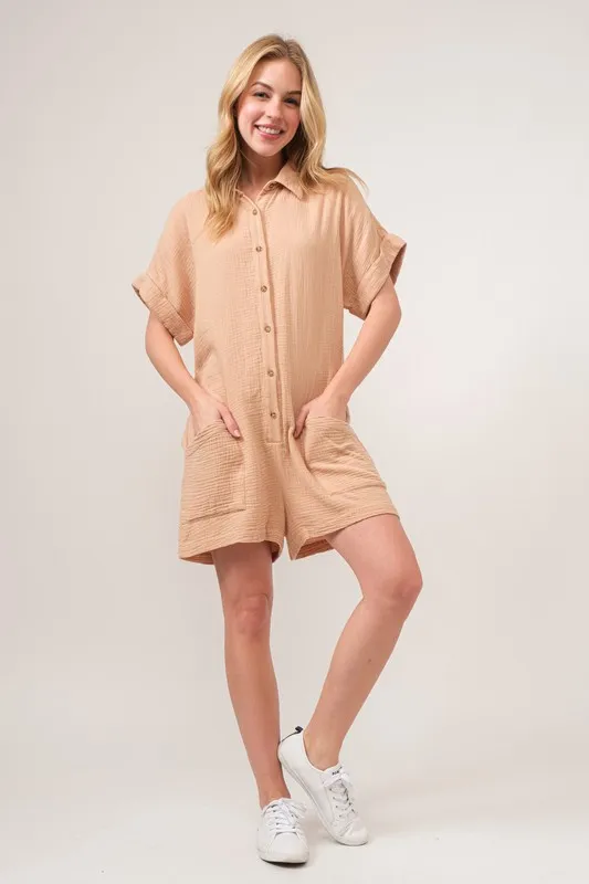 And The Why Washed Gauze Roll-up Sleeve Comfort Utility Romper