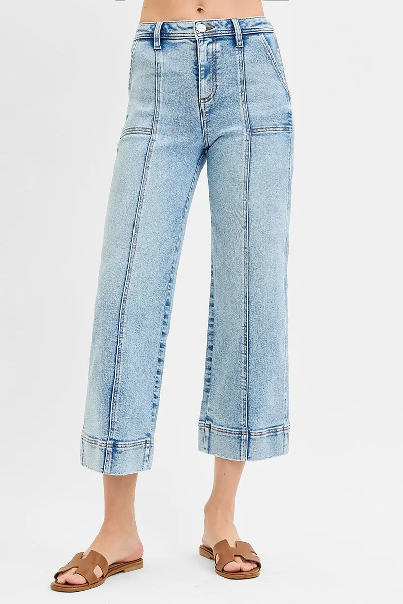 RISEN Full Size High Rise Crop Wide Front Seam Detailed Jeans Plus Size