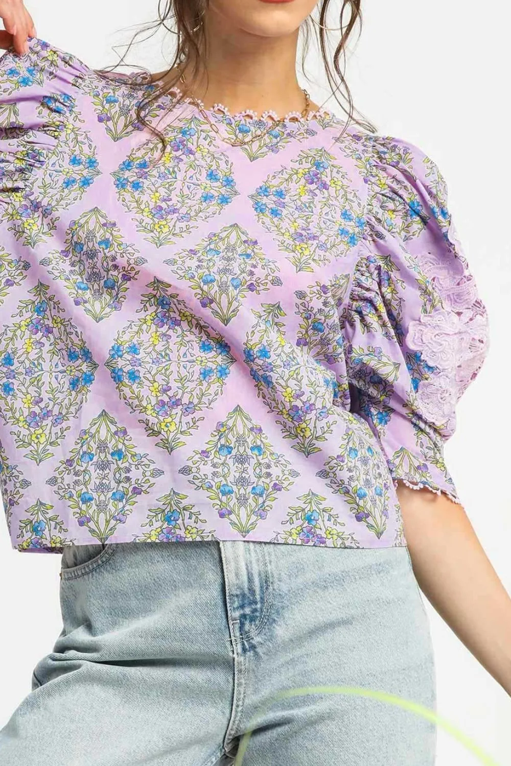 Umgee Printed Lace Puff Sleeve Blouse