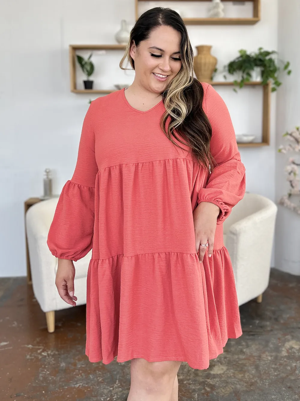 Double Take Full Size V-Neck Balloon Sleeve Tiered Dress with Pockets
