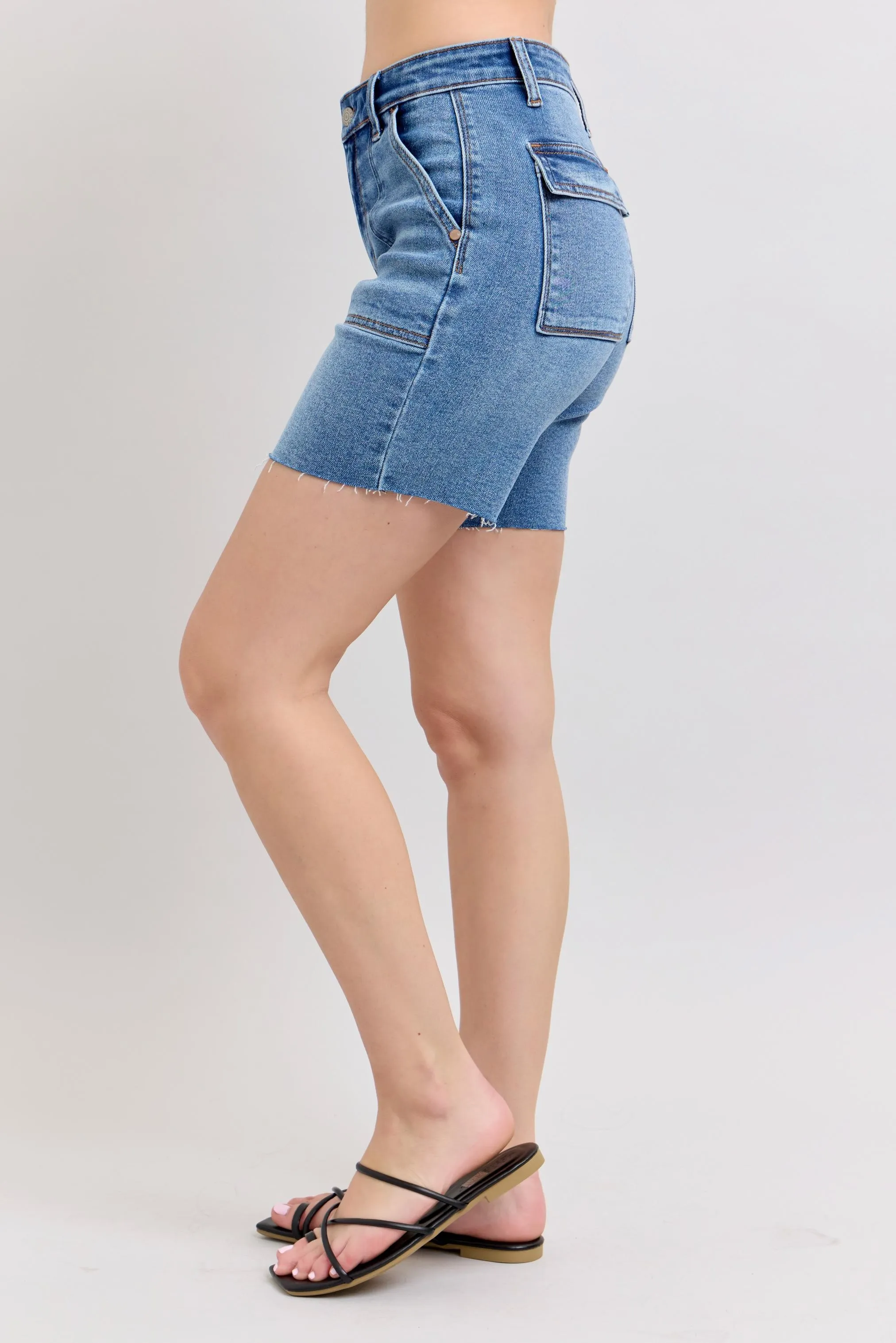 Judy Blue Full Size Mid Rise Bermudas Denim Shorts W/ Back Flap Pockets Plus Size